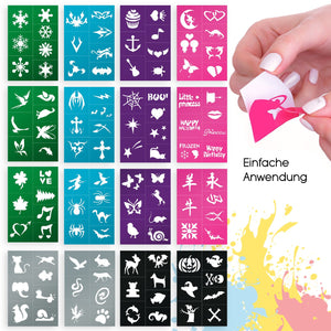 Schminkschablonen | Großes Schminkschablonen Set mit 116 Teilen I 112 Selbstklebende Tattoo Schablonen, 2 Schwämme, 2 Pinsel