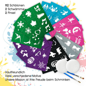 Schminkschablonen | Großes Schminkschablonen Set mit 116 Teilen I 112 Selbstklebende Tattoo Schablonen, 2 Schwämme, 2 Pinsel