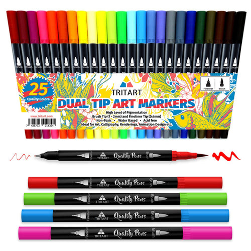 Dual Brush Pens | Praktische Dual Brush Pens mit Doppelspitze I 25 wunderschöne Farben auf Wasserbasis mit Fineliner und Pinsel Spitze