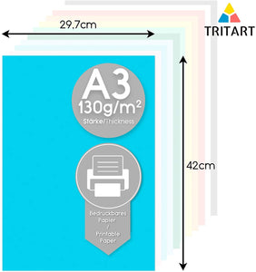 Tritart - Buntpapier A3 130g /m² I 60 Blatt festes Bastelpapier voll durchgefärbt I stabiler kreativ Tonkarton zum Basteln I DIY buntes Tonpapier Bastelkarton