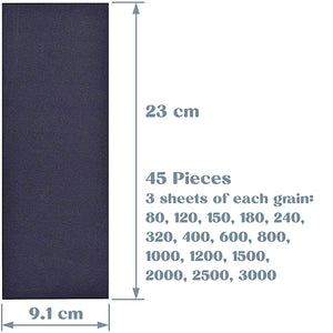 Profi Schleifpapier Set | 80-3000 Körnung 45 Stück | Nass und Trocken | Schleifpapier für Auto/Holzmöbel/Stein/Lack/Metall/Glas