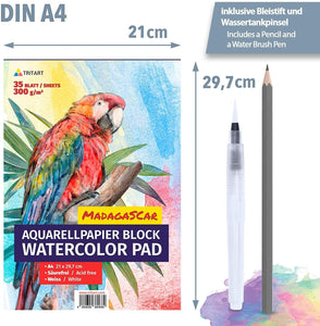 Tritart HOCHWERTIGES Aquarellpapier 300g | Din A4 | Weiß | 35 Blatt | Aquarellblock inkl. Water Brush und Bleistift
