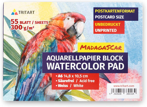 Tritart Aquarellpapier A6 300g | 55 Seiten Weiß | Din A6 Aquarellblock | Aquerell Papierblock zum Malen | Aquarellmalblock klein | Aquarell Postkartenblock | Aquarell Karten