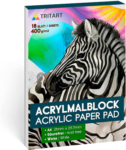 Tritart Acryl-Papier A4 400g/m² I Malblock für Acrylfarben 18 Blatt weiß I hochwertiges Acryl Zeichenpapier säurefrei I schweres Malpapier für Acrylmalerei und Ölmalerei I kopfseitig geleimt