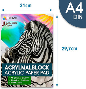 Tritart Acryl-Papier A4 400g/m² I Malblock für Acrylfarben 18 Blatt weiß I hochwertiges Acryl Zeichenpapier säurefrei I schweres Malpapier für Acrylmalerei und Ölmalerei I kopfseitig geleimt