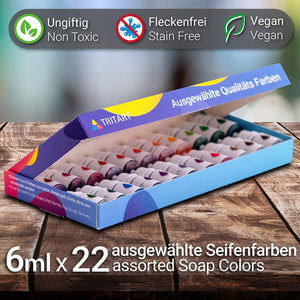 Tritart Seifenfarben Set mit 22 Farben - Flüssige Seifenfarbe Badesalz Zubehör - Wasserlösliche Seifenbasis zur Seifenherstellung - Hautfreundliche Seifen Farben - 22 x 6 ml
