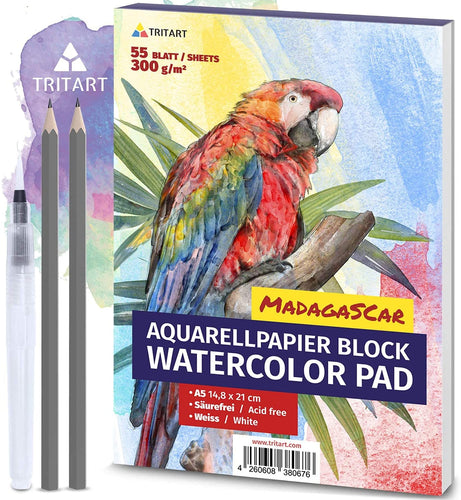 Tritart A5 Aquarell-Papier 300g | Weiß | 55 Blatt | Aquarellblock Din A5 inkl. Water Brush und 2 Bleistifte