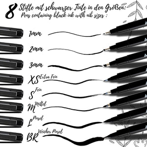 TRITART Kalligraphie Stifte Set – 8 Pinselstifte, Brush Pens mit verschiedenen Stiftspitzen – schwarze Filzstifte mit feinster Japan -Tusche – Handlettering Fineliner und Malstifte