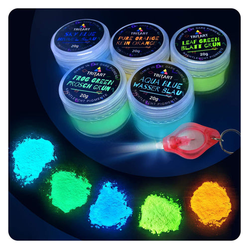 Tritart Fluoreszierendes Pulver Selbstleuchtend | 5 x 20g Nachtleuchtende Pigmente | Leuchtpulver Set mit GRATIS UV Lampe